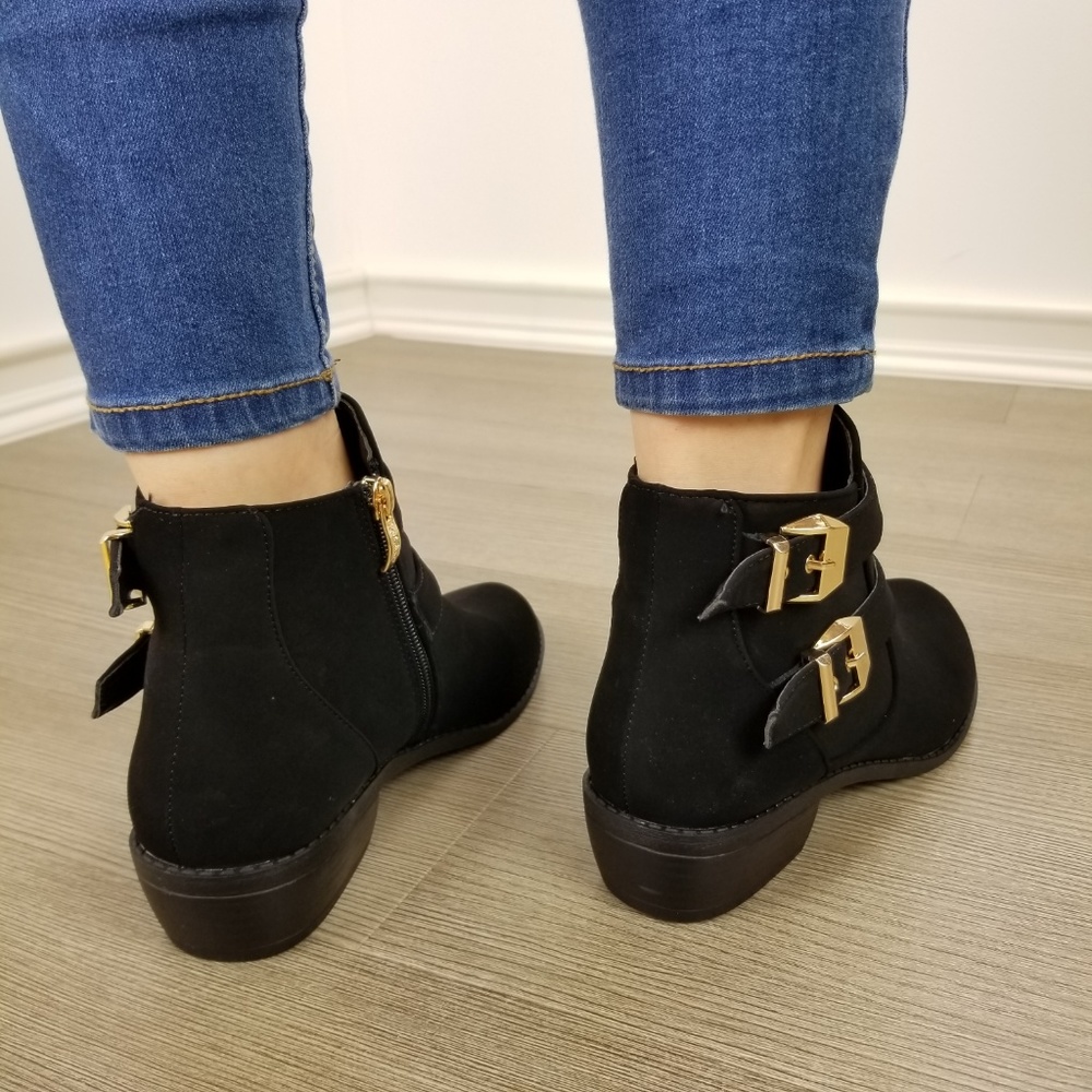 Black Vegan Nubuck Double Buckle Ankle Boots-FF - Picture 6 of 8